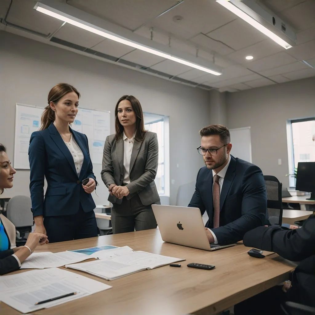 A candid shot of the team members collaborating on a project. The image should depict a dynamic work environment where team members are actively discussing and sharing ideas around a conference table. The scene should emphasize collaboration, communication, and a shared commitment to excellence in accounting services provided by ugotcount.