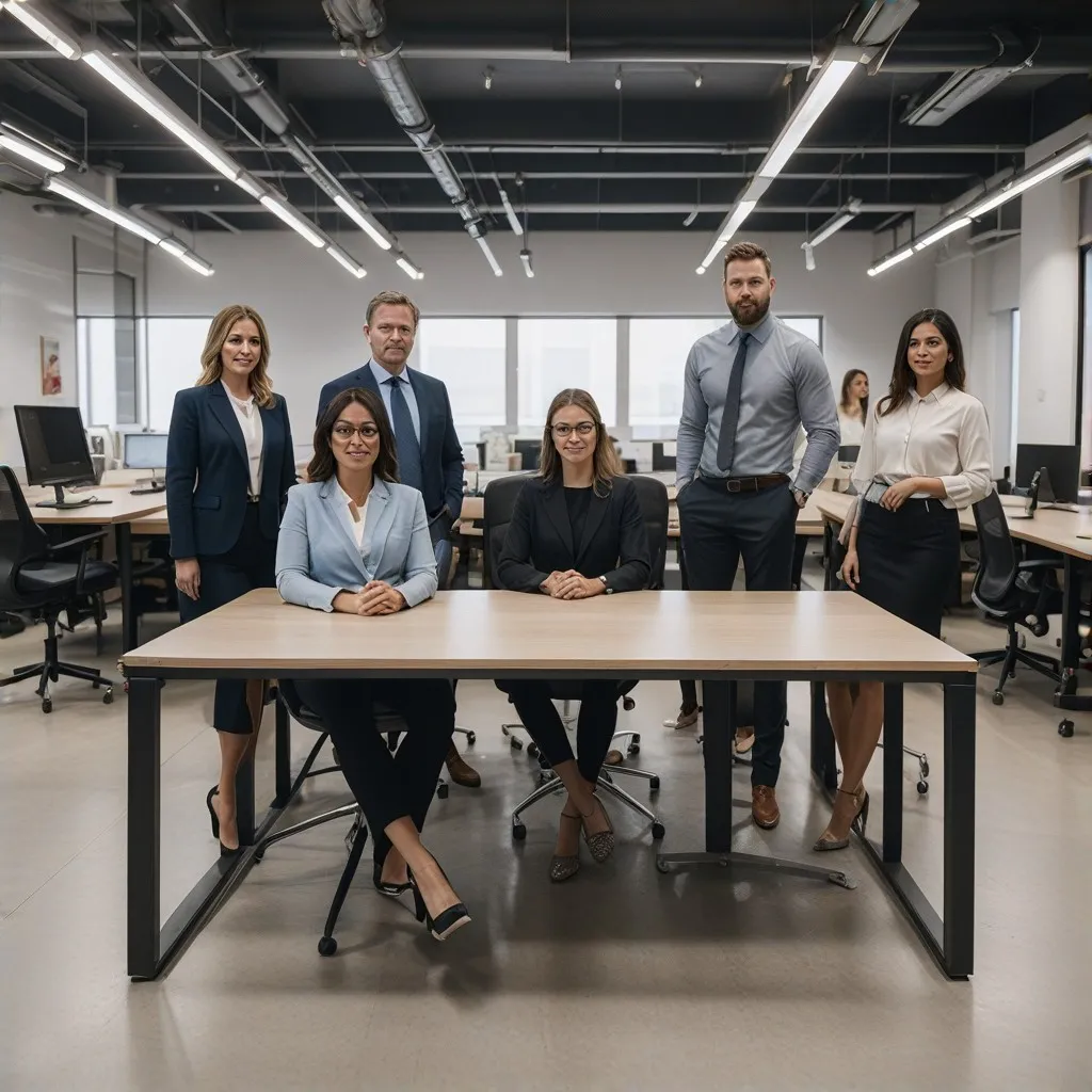 A group portrait of the ugotcount accounting team, showcasing the diversity and professionalism of the team members. The image should capture the essence of teamwork and success, with the team members standing together in a modern office environment. Each member should be visibly engaged, projecting confidence and expertise, reflecting the core values of ugotcount.