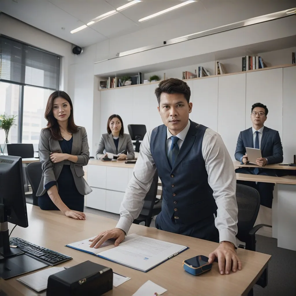 An individual portrait of the team leader, highlighting their leadership qualities and professional demeanor. The setting should be in an office where the leader is seen interacting with documents or a computer, symbolizing their role in guiding the team towards success in accounting services. The image should convey a sense of authority and approachability.